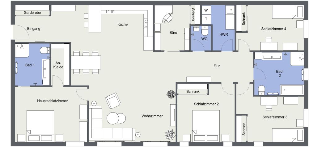 Platzsparender Grundriss mit 4 Schlafzimmern 3D Grundrisse