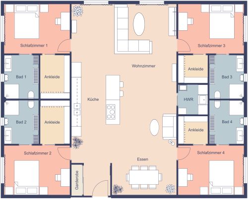 5-Zimmer-Wohnungsgrundriss mit 4 Badezimmern