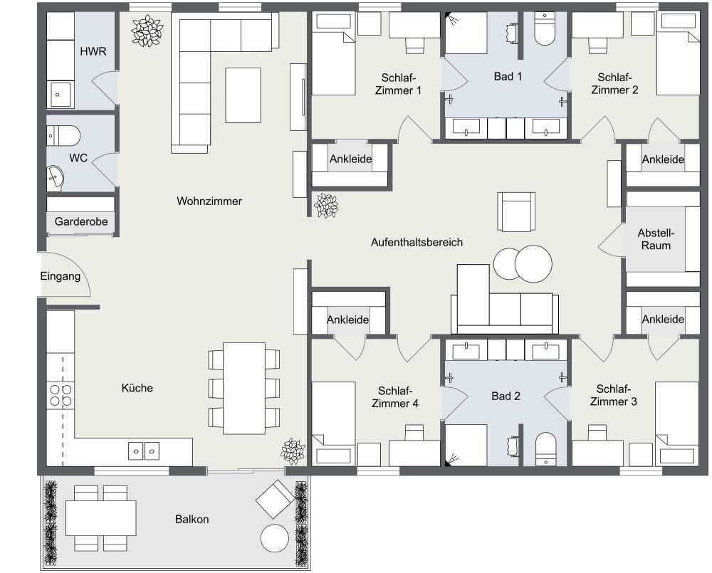 Moderner 5-Zimmer-Grundriss 2D Grundrisse