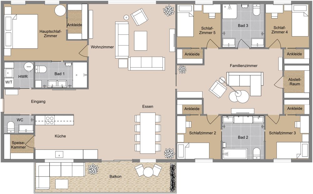 2D Grundriss mit 5 Schlafzimmern und Balkon 