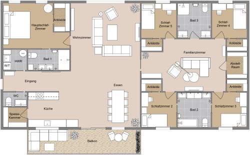 Grundriss mit 5 Schlafzimmern und Balkon
