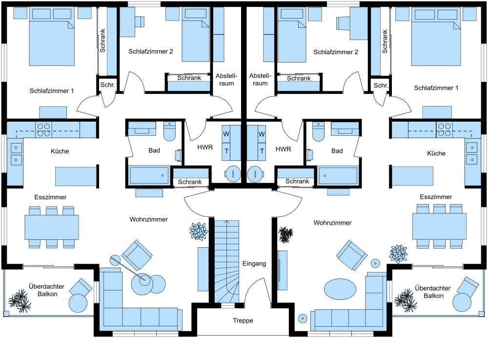 Zweistöckiges Vierfamilienhaus 2D Grundriss Erdgeschoss