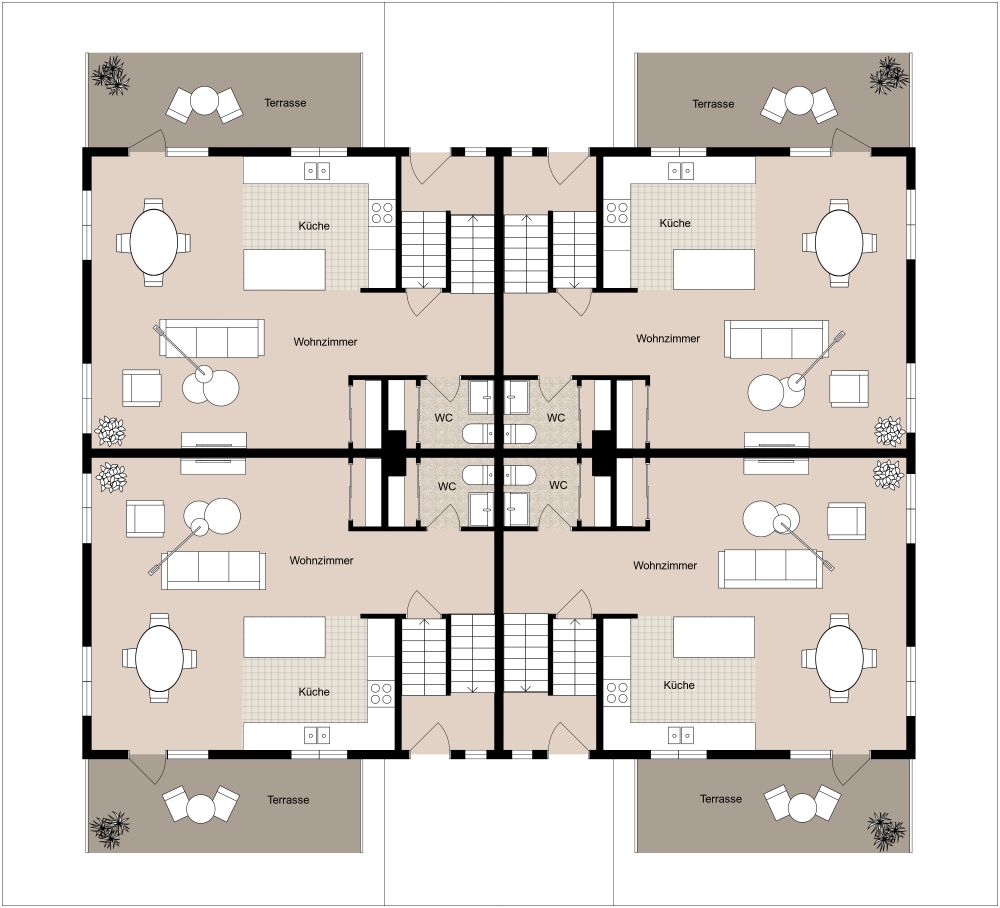 Mehrfamilienhaus-Grundriss 2D, Erdgeschoss