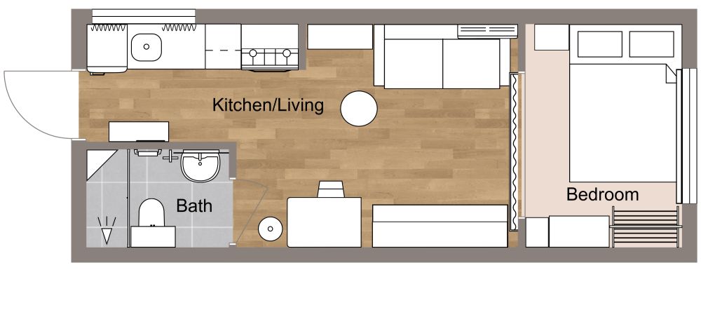 2D Floor Plan of a furnished, narrow tiny studio apartment. It features a full bathroom, an open kitchen/living area and a sleeping area at the far end of the floor plan. The bathroom has a shower, toilet and sink. The kitchen has a sink, refrigerator, countertops, and a gas oven with overhead storage. There is a window above the kitchen sink. In the living area is a bookshelf placed next to a 2-seater sofa which is placed across from a TV and media unit. Next to the media unit is a dining table. In the sleeping area is a queen-size bed, wardrobe and shoe closet. There is a big window next to the bed which lets in natural light throughout the apartment.