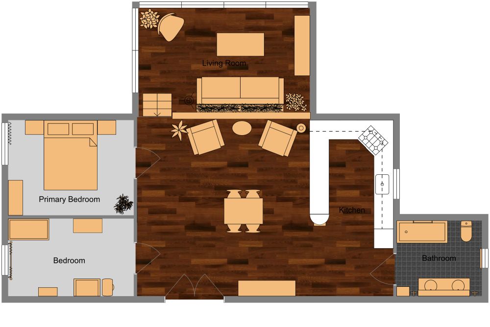 2D floor plan of a 2 bedroom mid century house plan with sunroom. The floor plan has a open kitchen and living area in the middle of the floor plan. The two bedrooms are placed on the left side of the floor plan. On the right side, next to the kitchen is the bathroom featuring a bathtub, toilet, and a double sink.