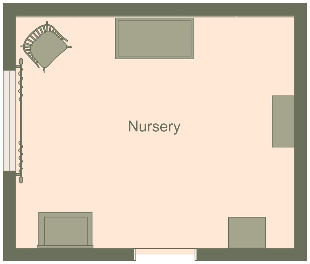 Whimsical colorful nursery 2D floor plan with crib, chair, toy storage, play rug, and cheerful patterned accents. The 2D floor plan is in olive colors.