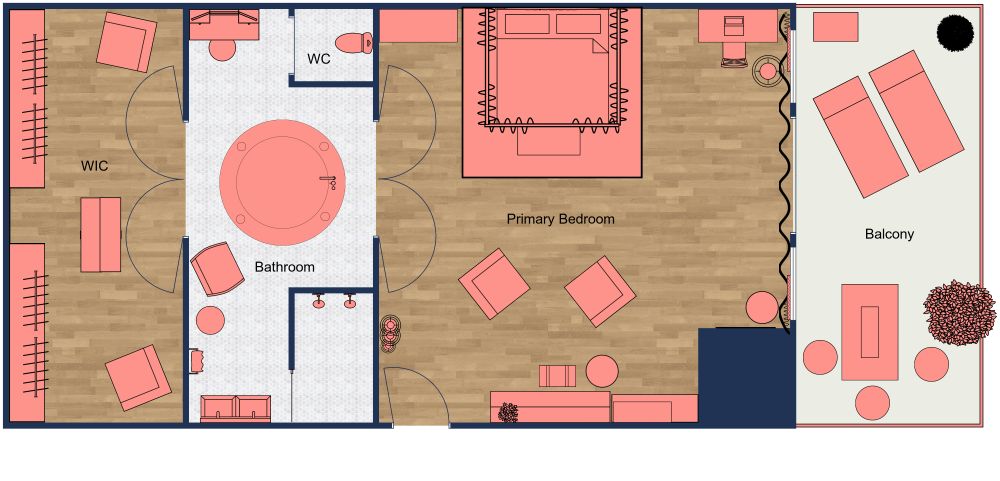Luxury pink teen bedroom 2D floor plan with en suite bathroom, four-poster bed, dressing area, study space, and private terrace. Inspired by the Mean Girls movie.