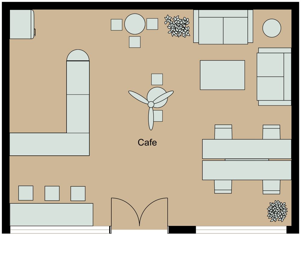 2D cafe floor plan with an L-shaped service counter, dining tables, lounge seating, and open customer areas.
