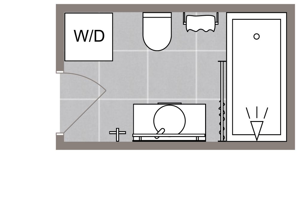 2D floor plan, Rectangular Bathroom with Washer and Dryer