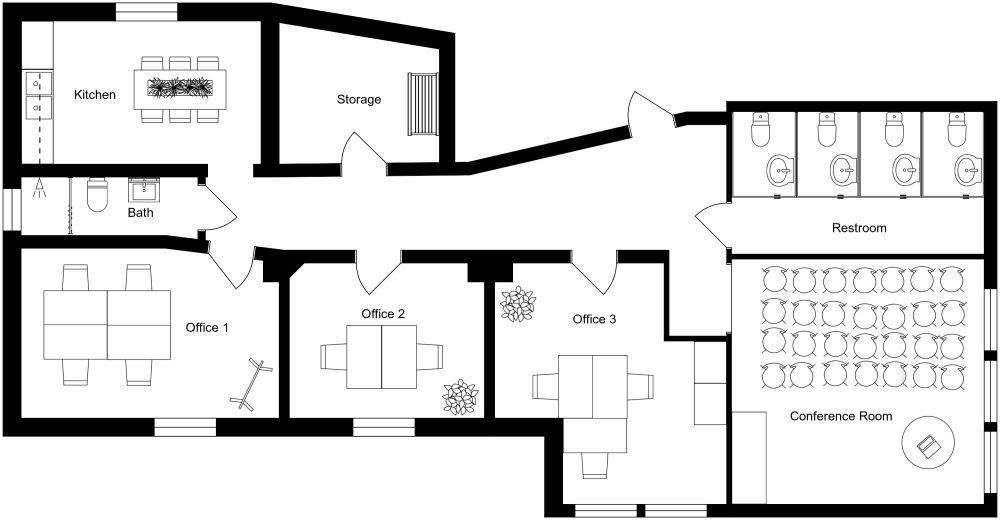 Office with seminar room and multiple restrooms 2D plan