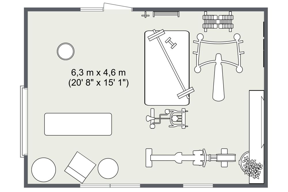 Home Gym Layout with Yellow Accent Colors in 2D