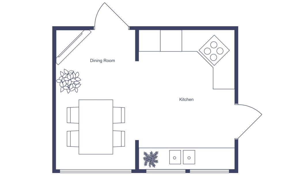 Kitchen Floor Plan With Dining Area and Fireplace