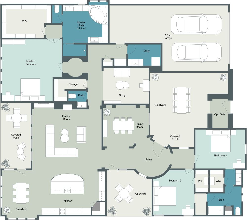 3 Bedroom 2D Floor Plan With Several Outdoor Areas