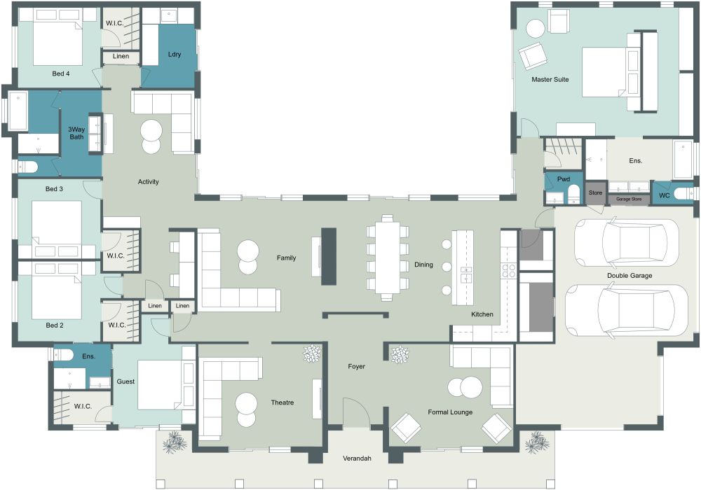 2D Floor Plan, Serene House Layout with Garage