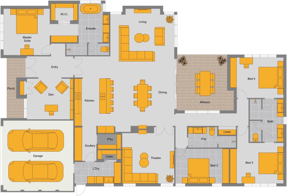 Lively 2D Floor Plan Layout With Patio and 2 Car Garage