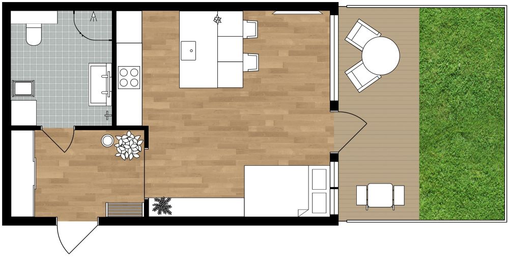 Stylish Studio Apartment 2D Plan With Private Garden