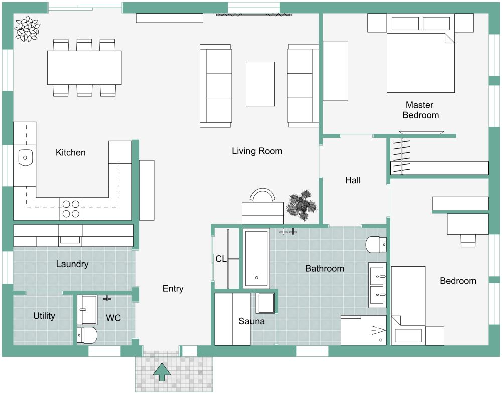 Stylish 2 Bedroom Layout With Large Bathroom 2D