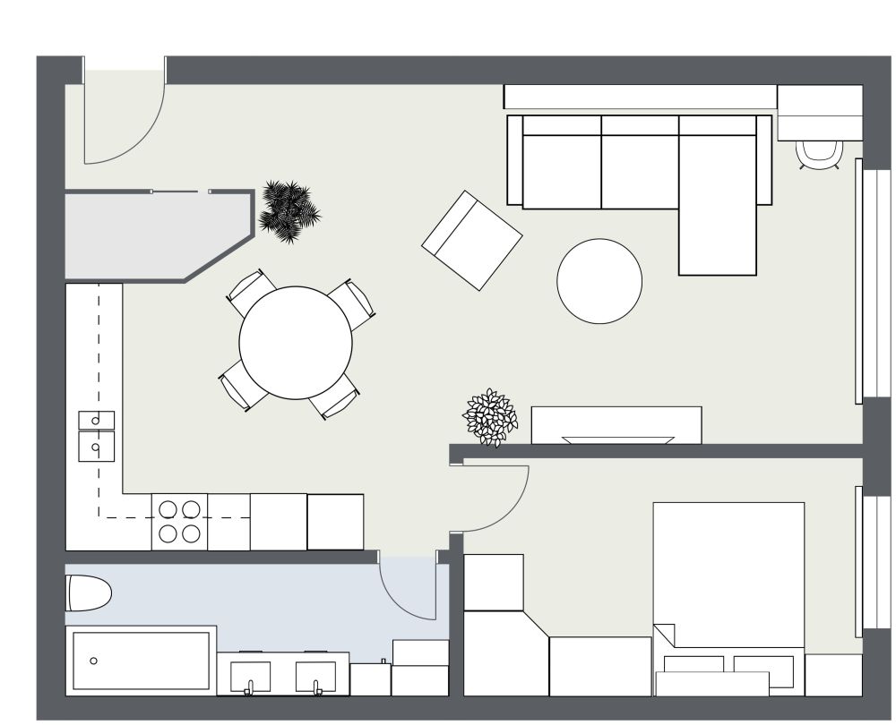 1 Bedroom 2D Floor Plan with Narrow Bathroom
