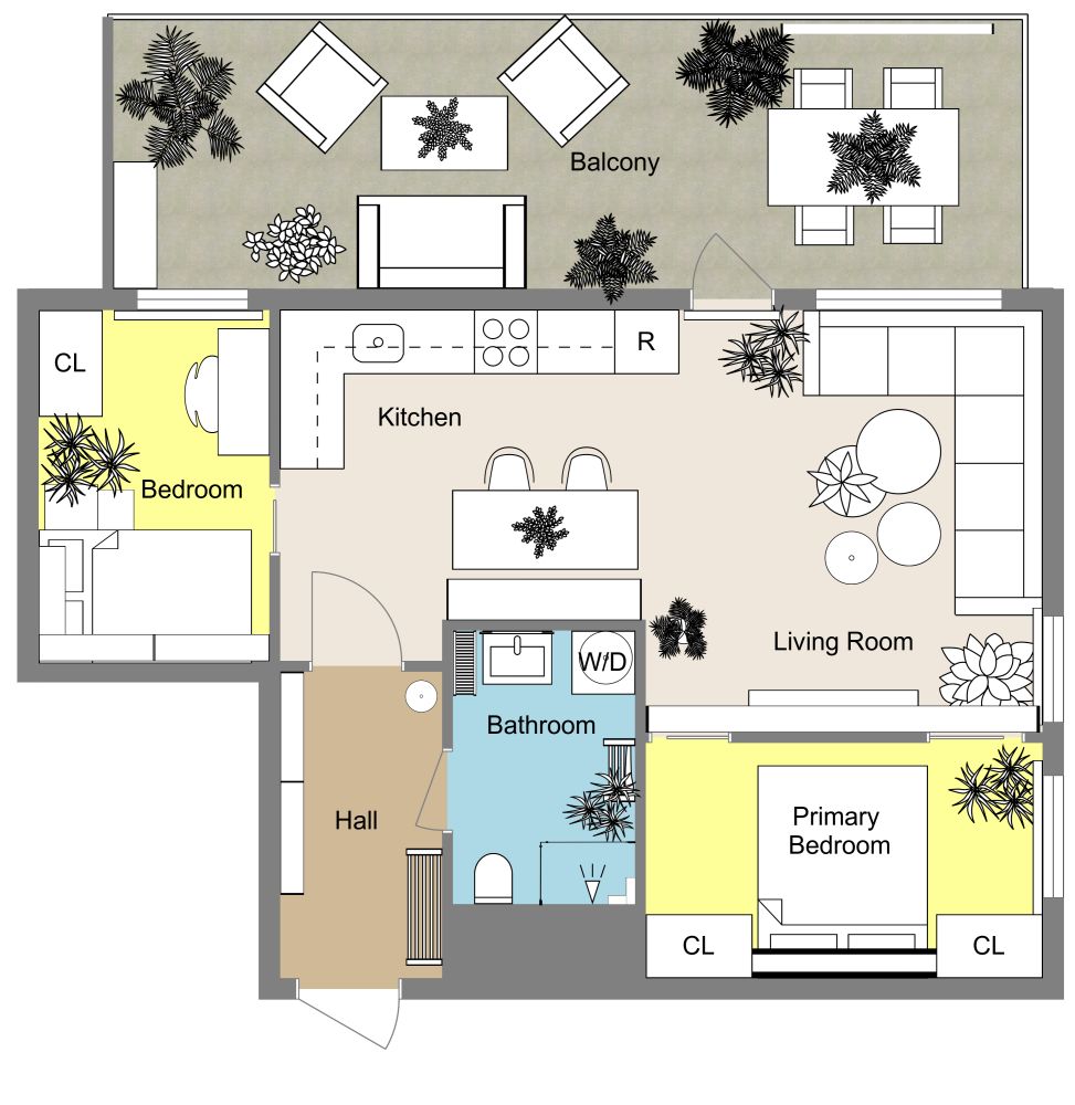 1 Bedroom 2D Floor Plan With Large Balcony