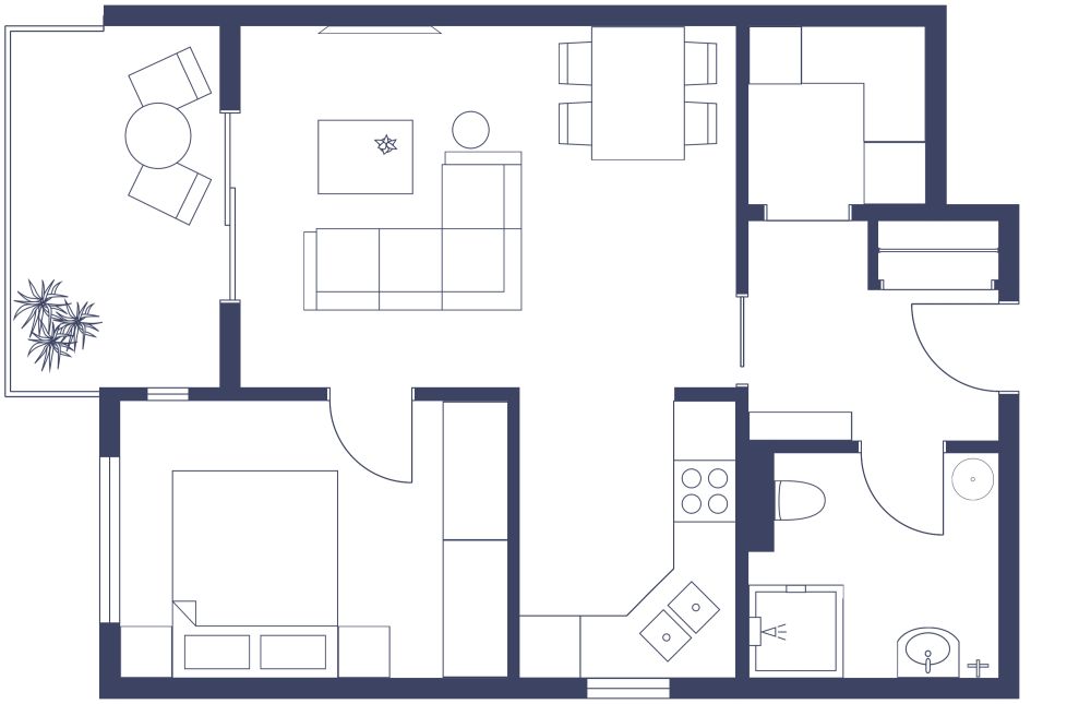 1 Bedroom 2D Floor Plan With Separate Laundry