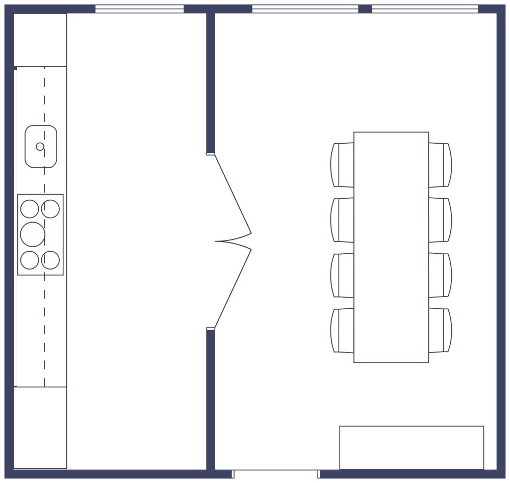 Single Wall Kitchen With Blue Accents 2D Floor Plan