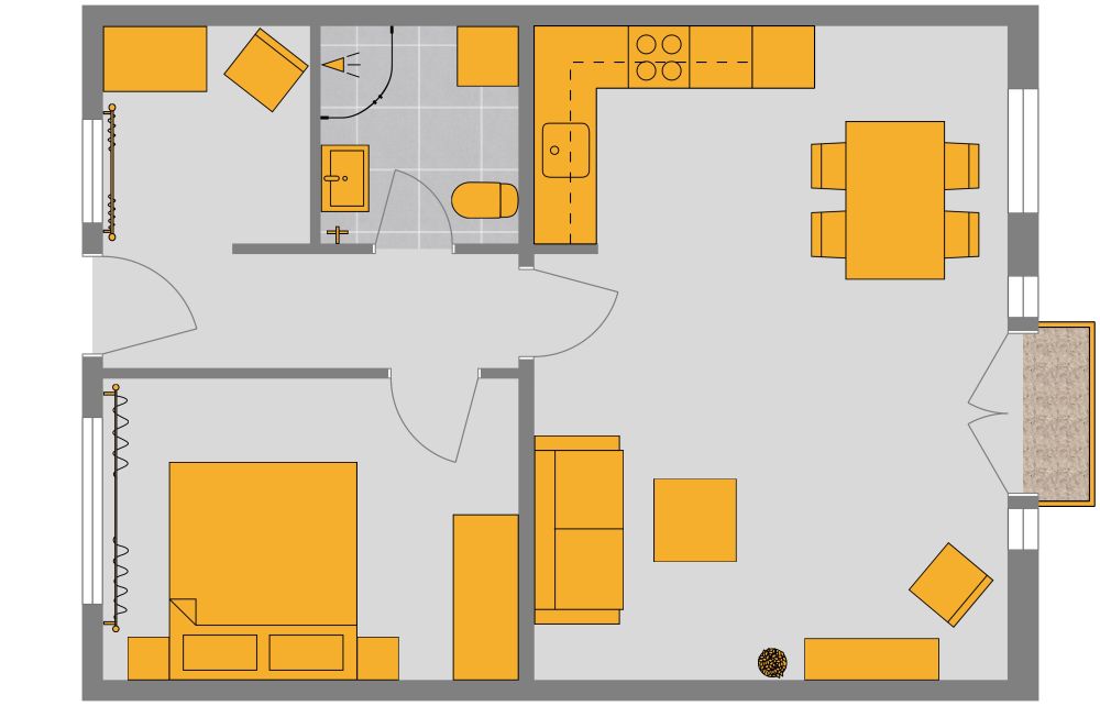 Grundriss für eine helle 2-Zimmer-Wohnung mit geräumigem Eingang 2D Grundrisse