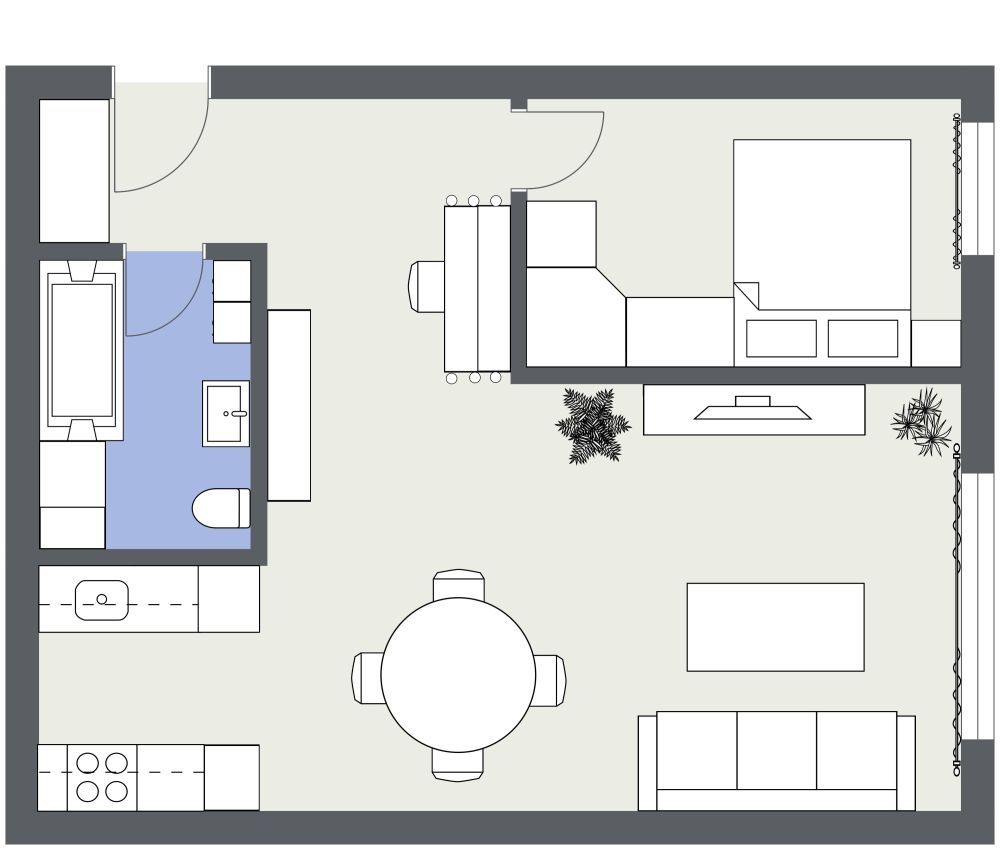 Grundriss für eine 2-Zimmer-Wohnung mit Galeerenküche 2D Grundrisse