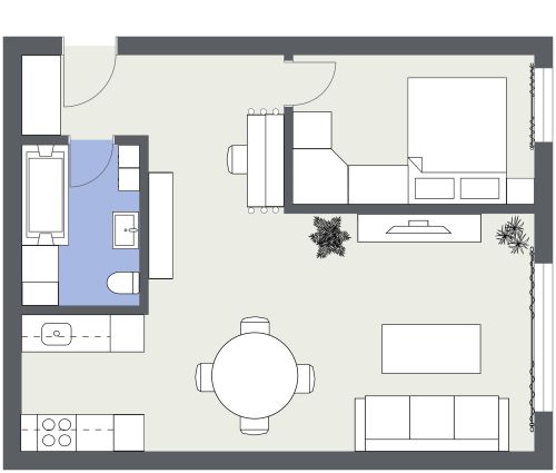 Grundriss für eine 2-Zimmer-Wohnung mit Galeerenküche