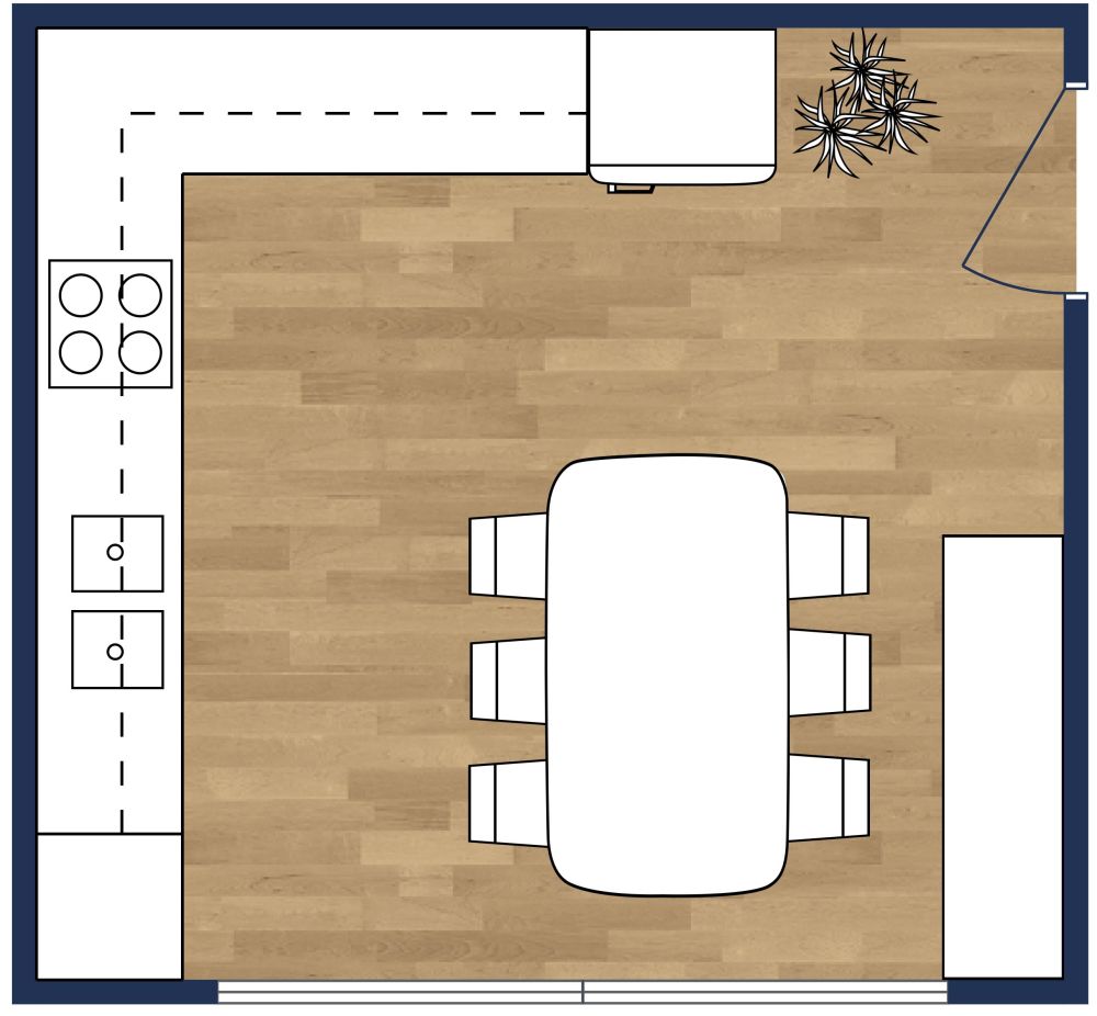 Grundriss für eine L-förmige Küche mit Esstisch 2D Grundrisse