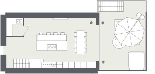 Küche im Esszimmer mit Speisekammer