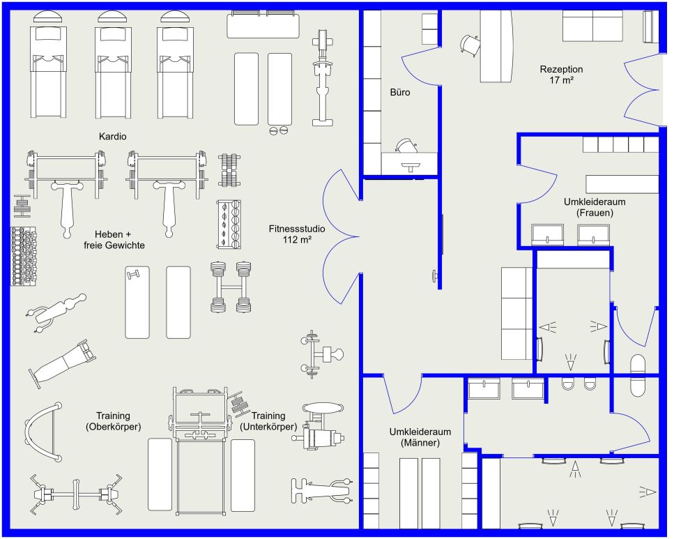 Grundriss für ein dunkles und maskulines Fitnessstudio 2D Grundrisse