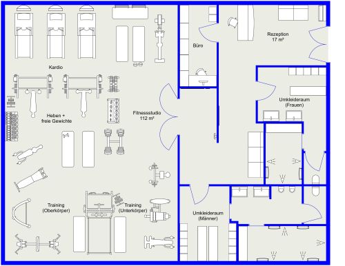 Grundriss für ein dunkles und maskulines Fitness-Studio