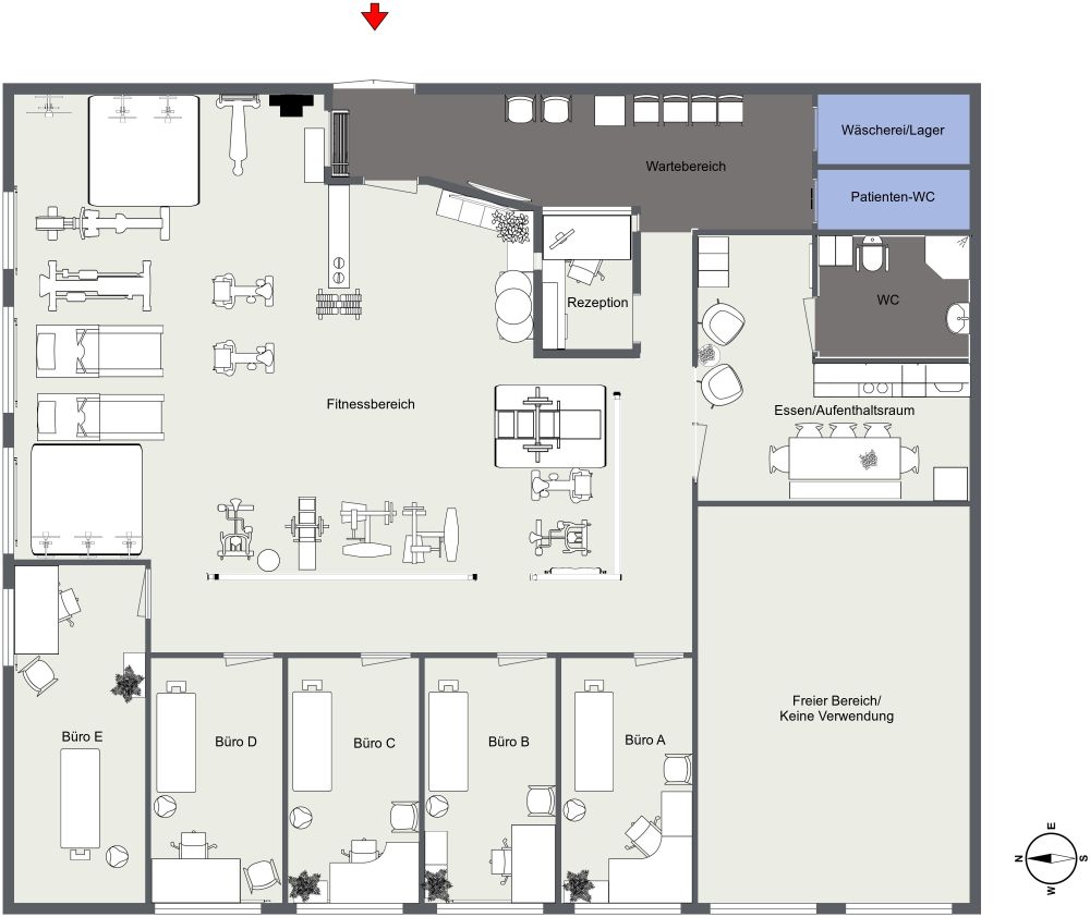 Grundriss für ein Fitnessstudio mit Behandlungsräumen 2D Grundrisse