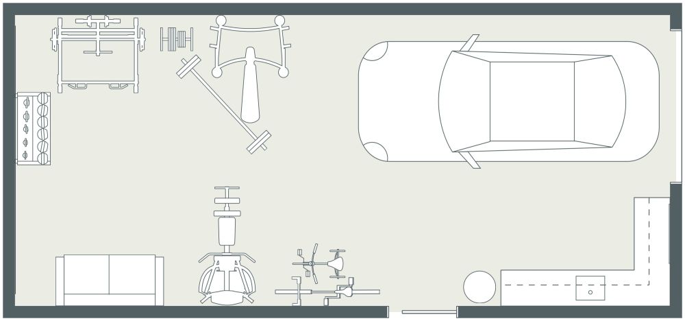 Trainingsraum in der Garage mit Sofa und Kochnische 2D Grundrisse