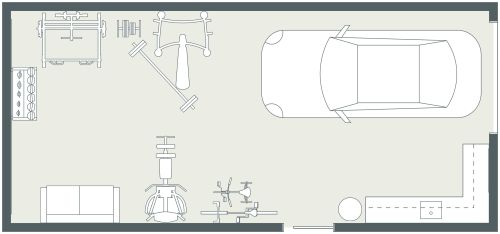 Trainingsraum in der Garage mit Sofa und Kochnische