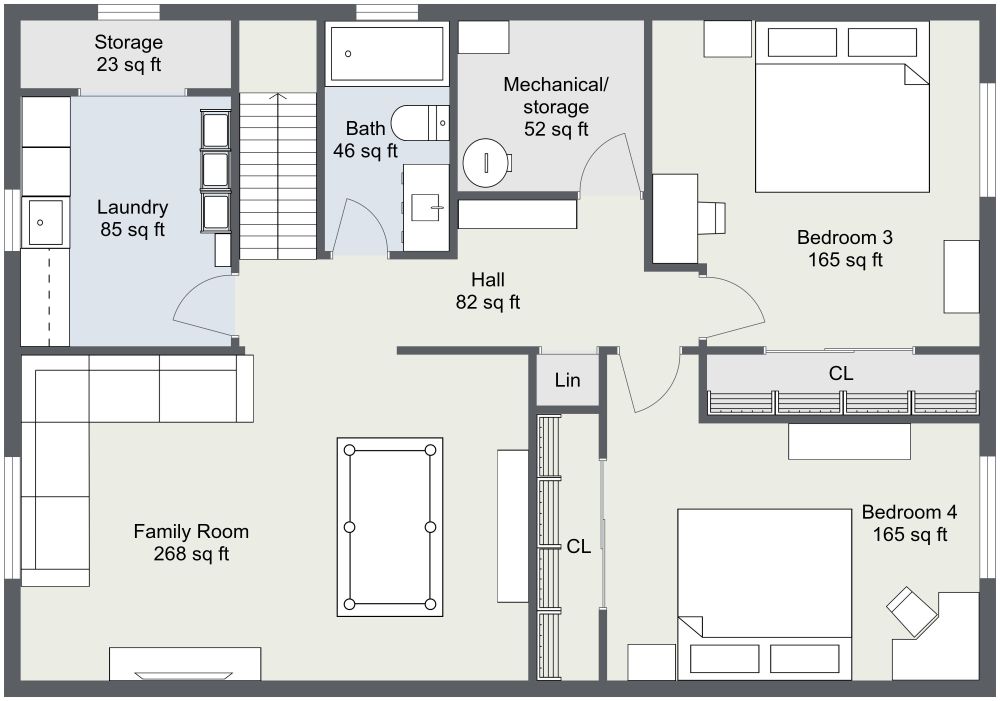 2 Story 4 Bedroom 2D Layout, Basement