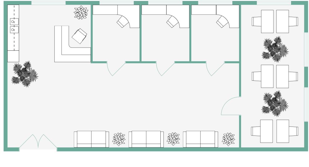 Großraumbüro im Industriestil 2D Grundrisse