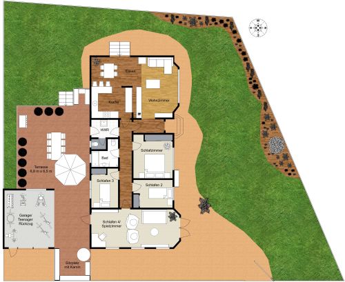 Grundriss für ein Haus mit einem großen, grünen Garten