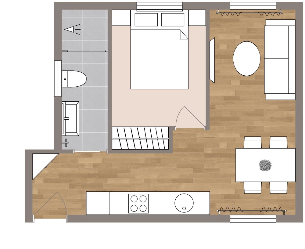 Grundriss für ein Tiny House mit schöner Innenausstattung 2D Grundrisse