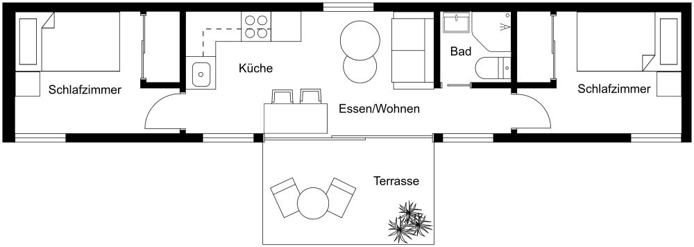 Grundriss für ein Tiny House mit 2 Schlafzimmern 2D Grundrisse