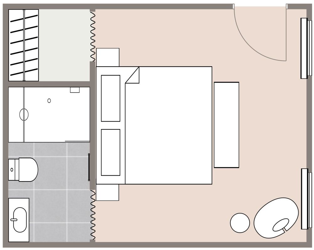 Grundriss für ein Hotelzimmer mit neutralen Farben 2D Grundrisse