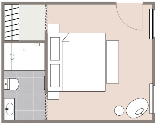 Grundriss für ein Hotelzimmer mit neutralen Farben