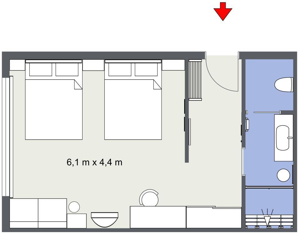 Grundriss für ein Luxus-Hotelzimmer mit Einzelbetten 2D Grundrisse