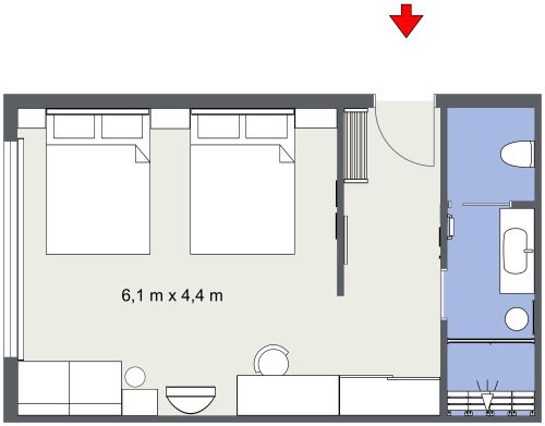 Grundriss für ein Luxus-Hotelzimmer mit Einzelbetten