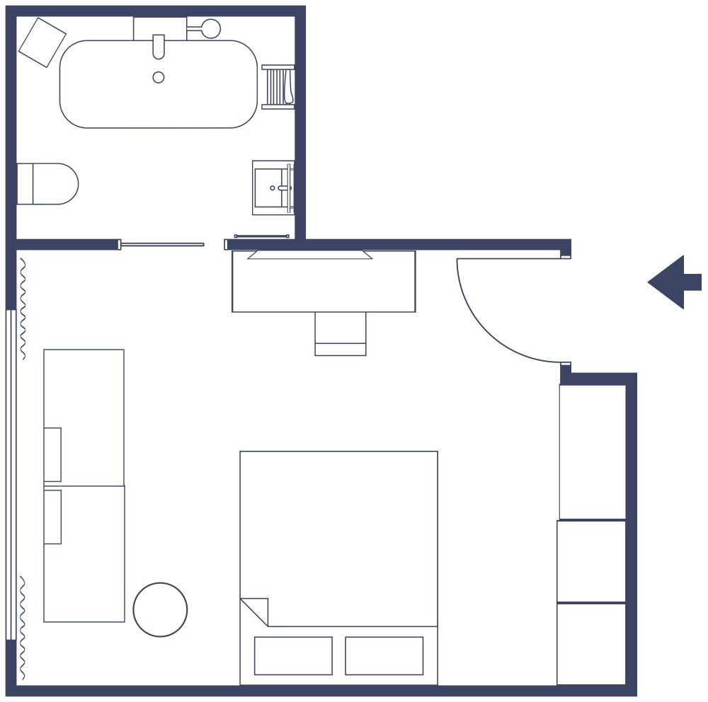 Luxuriöses Hotelzimmer mit Kingsize-Bett 2D Grundrisse