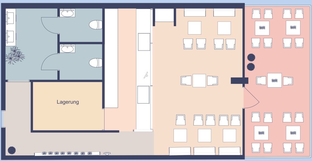 Wunderschöner Grundriss für ein Restaurant mit Balkonsitzplätzen 2D Grundrisse