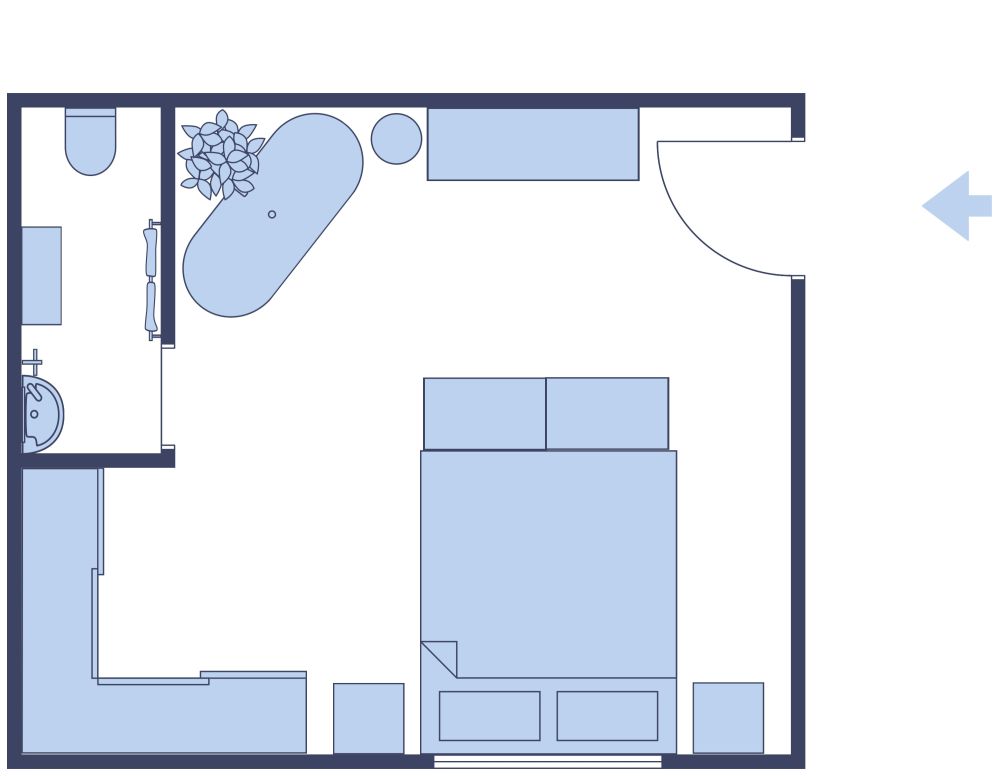 Grundriss für ein stylisches, griechisch-inspiriertes Hotelzimmer 2D Grundrisse