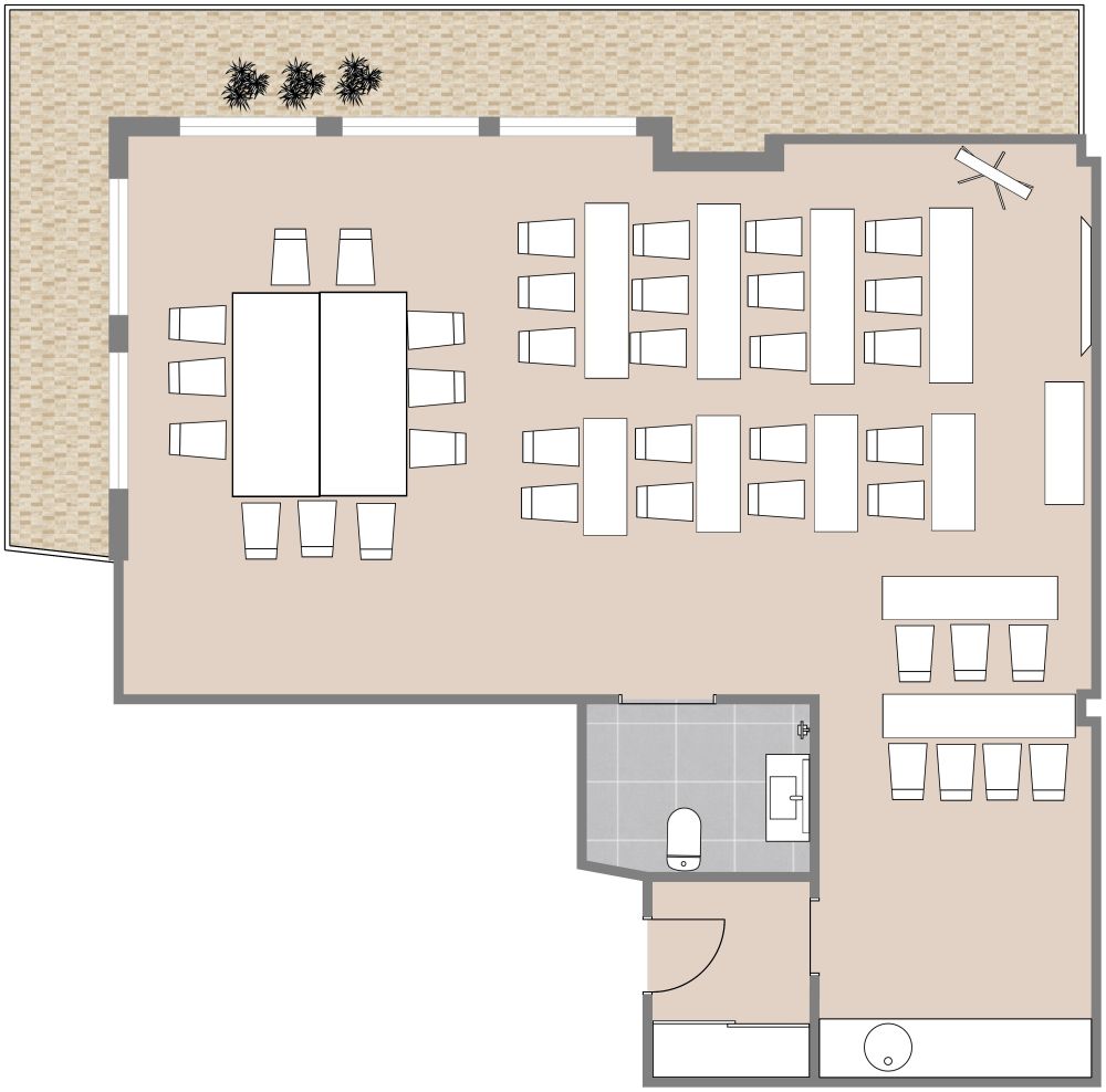Platzsparendes Großraumbüro mit Außenbereich 2D Grundrisse