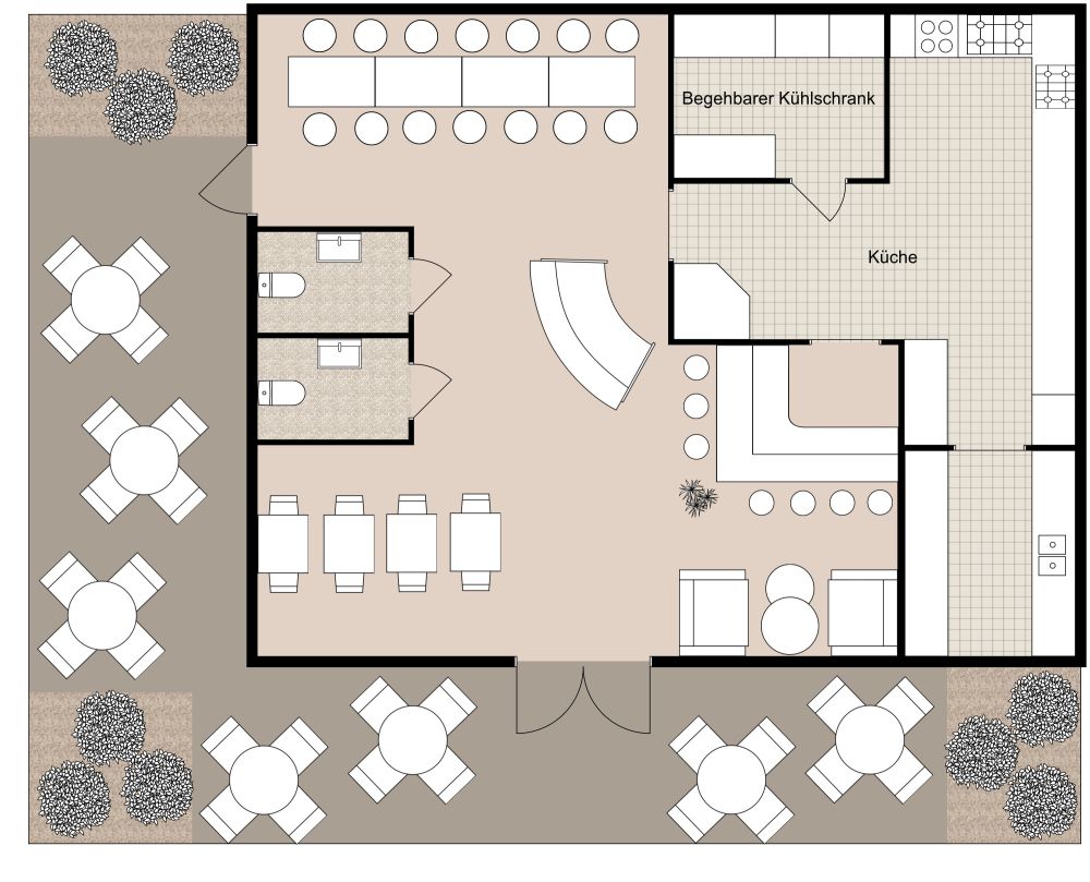 Maskulines Restaurant im Industriestil mit Außenbereich 2D Grundrisse