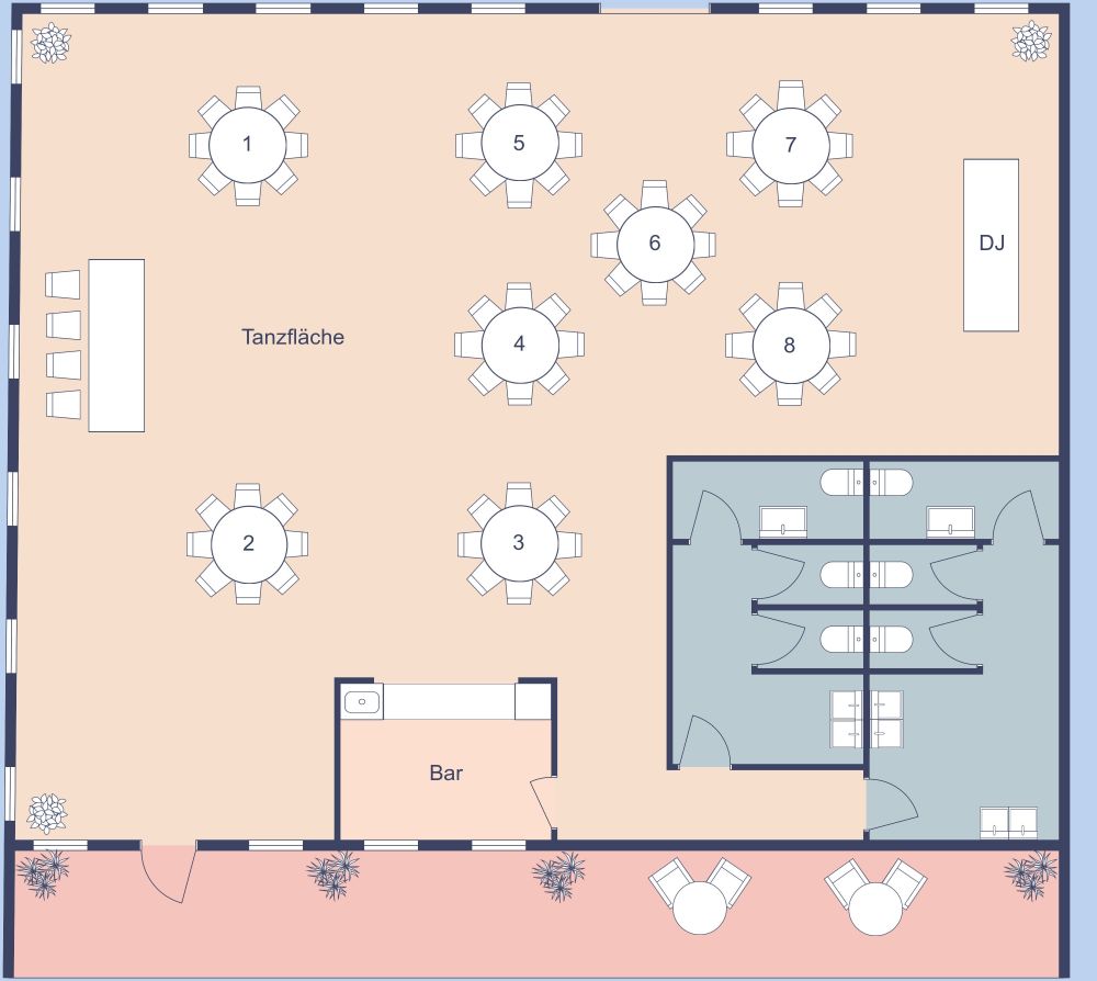 Grundriss für eine Hochzeitslocation mit runden Tischen 2D Grundrisse